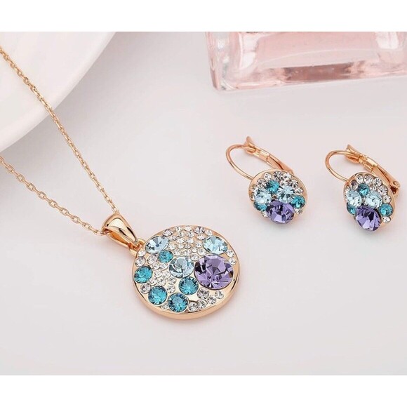 EVEVIC Austrian Crystal Round Disc Pendant Necklace Earring Set New - Picture 2 of 10